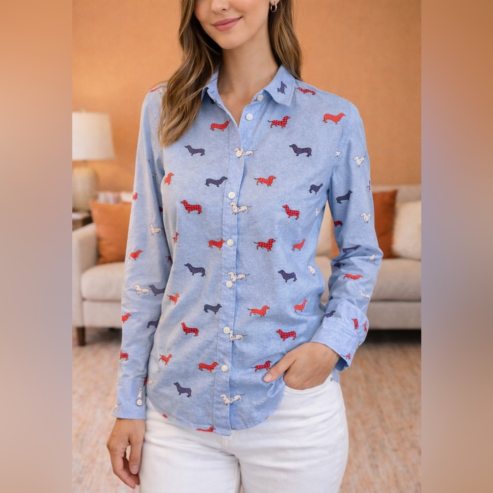 Talbots Petites Women’s Button Front Dachshund Print Shirt Size Small Petite